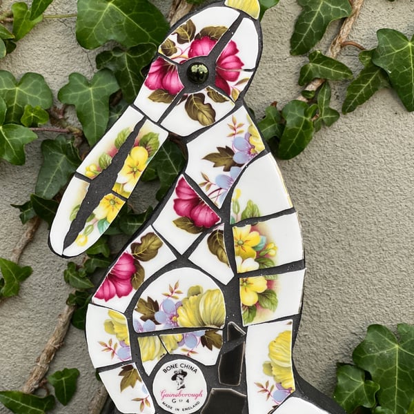 Mosaic Moon Gazing Hare, Made with Vintage china, Ceramic Mosaic Art