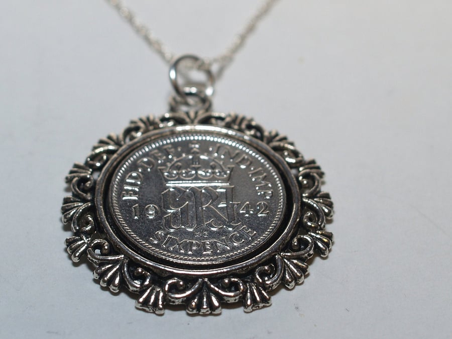 Ornate Pendant 1942 Lucky sixpence 79th Birthday plus a Sterling Silver 18in Cha