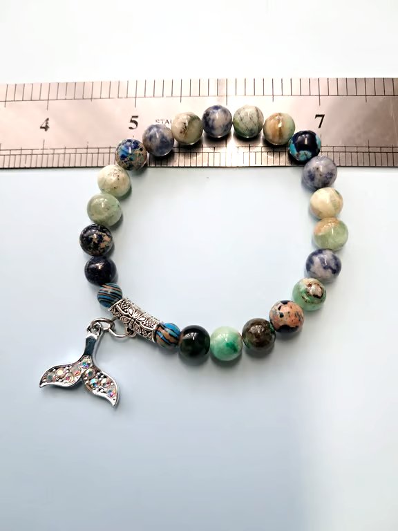 Natural Agate and Jasper Beaded Stretch Whale Tail bracelet 