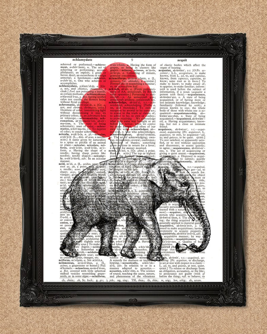 ELEPHANT AND RED BALLOONS DICTIONARY PRINT animal flying high illustration A187D