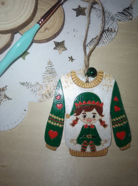 Elf girl ugly jumper hanging Christmas tree decoration 