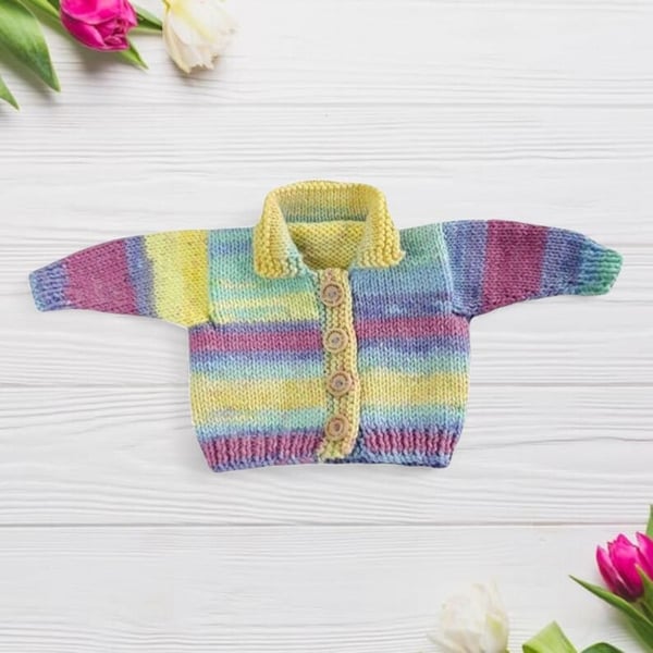 Baby Girl Aran Cardigan, Hand Knitted 0-3 Months, Collared Striped Knitwear