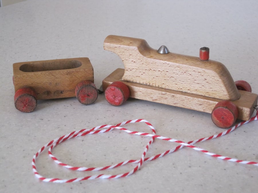 Restored Antique Wooden Toy Train and Carriage