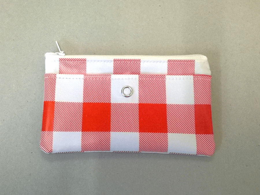 Red checked coin purse, Made with PVC vinyl, Small front pocket for stamps, 