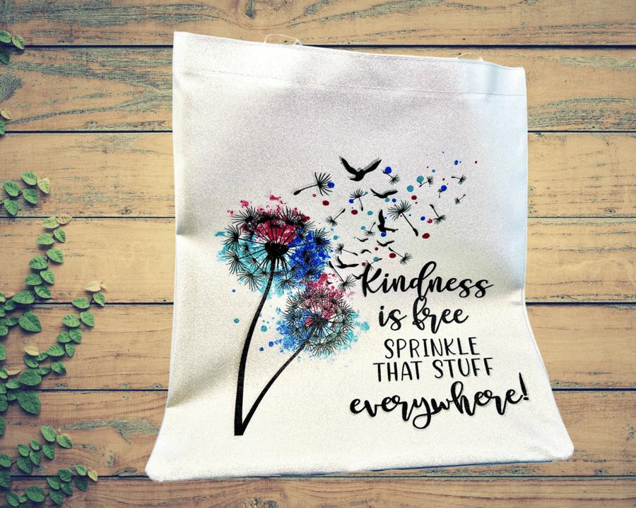 Eco friendly tote bag with dandelion and positivity quote 