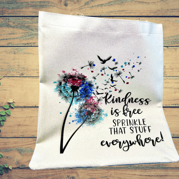 Eco friendly tote bag with dandelion and positivity quote 