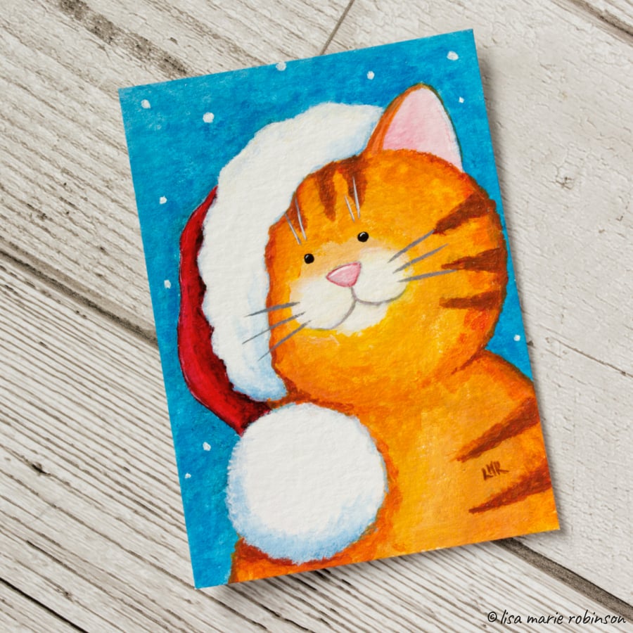 Christmas Cat Ginger Tabby - Original ACEO Painting
