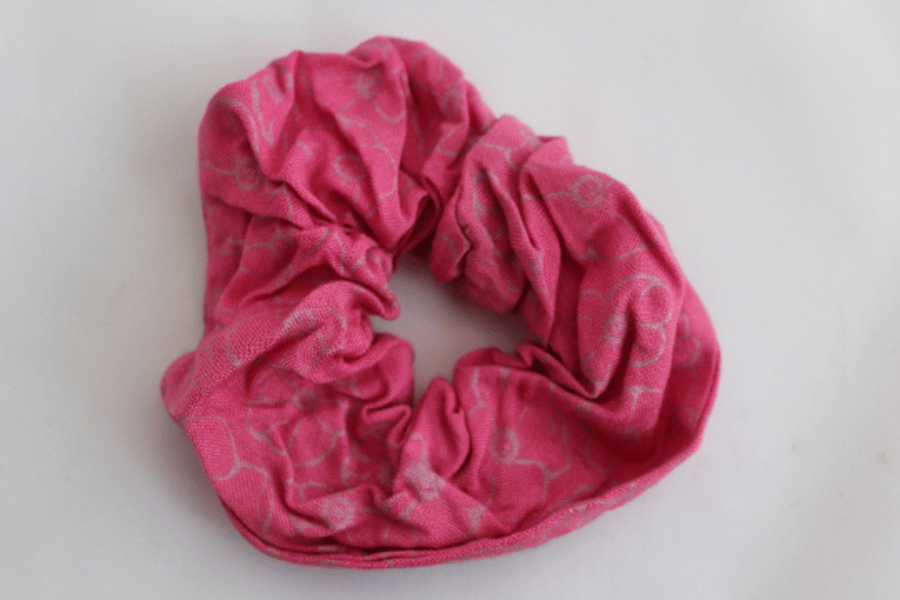 Elastic pink  & silver scrunchie hand print floral,Eco hair accessory,gift