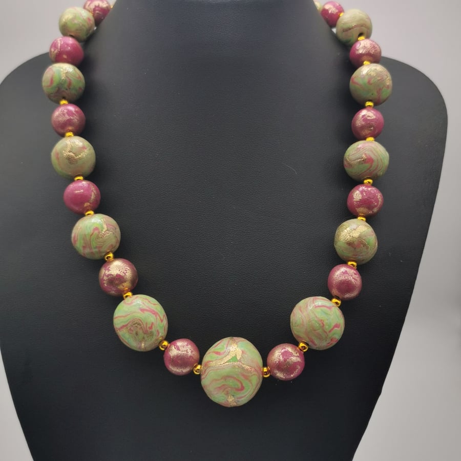 Handmade Chunky Bead Necklace. Pink, Green, Subtle Gold Shimmer.