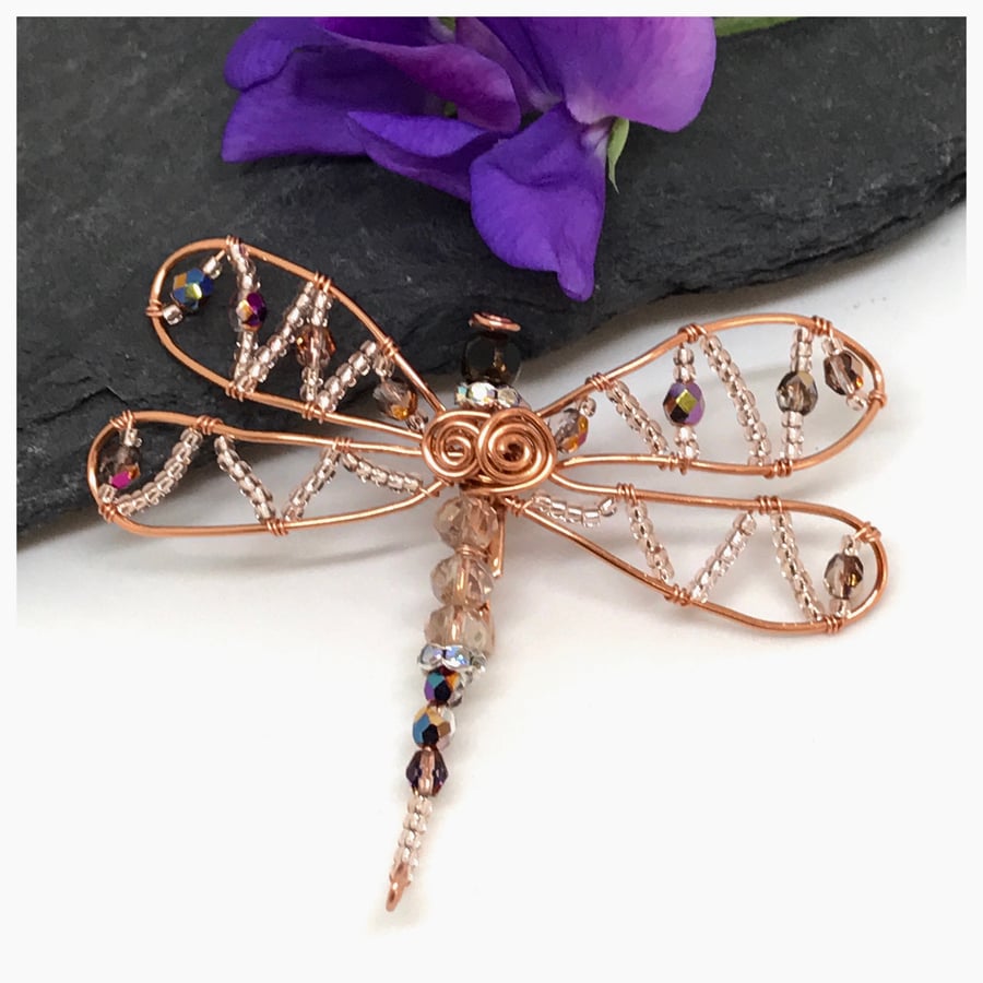 Dragonfly Brooch, Copper Dragonfly, Champagne Coloured Crystals
