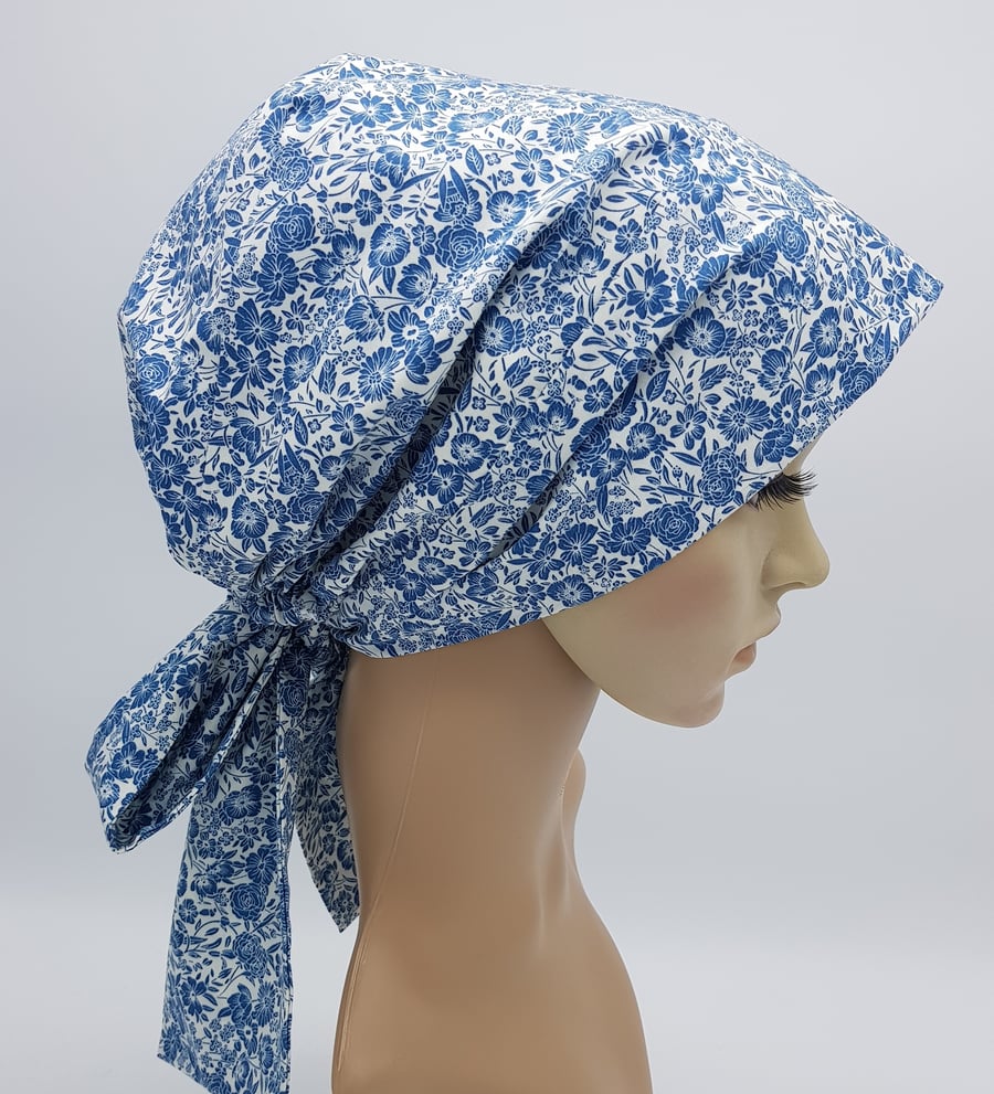 Cotton head wear, surgical scrub hat, nurse hair covering, bonnet with long ties