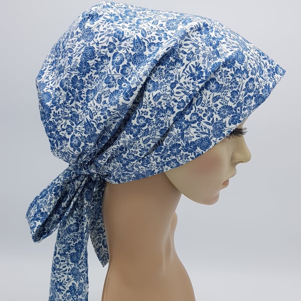 Cotton head wear, surgical scrub hat, nurse hair covering, bonnet with long ties