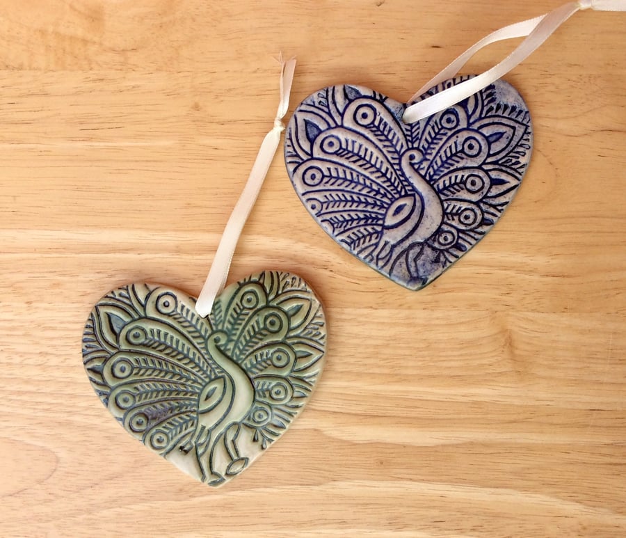 Peacock heart ornament - Blue hanging heart with bird, LL