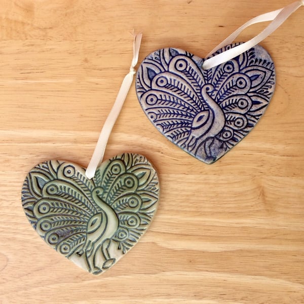 Peacock heart ornament - Blue hanging heart with bird, LL