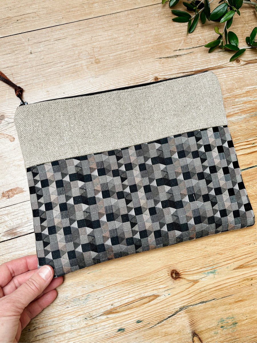 large linen and geometric pattern zip pouch project bag travel pouch 