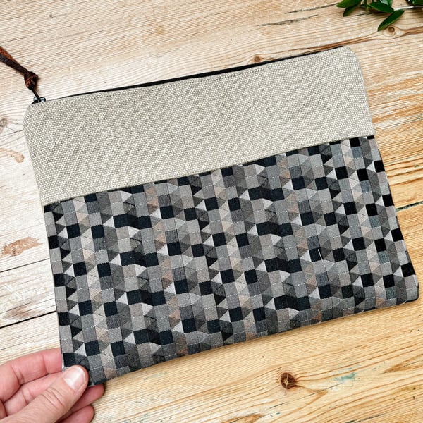 large linen and geometric pattern zip pouch project bag travel pouch 