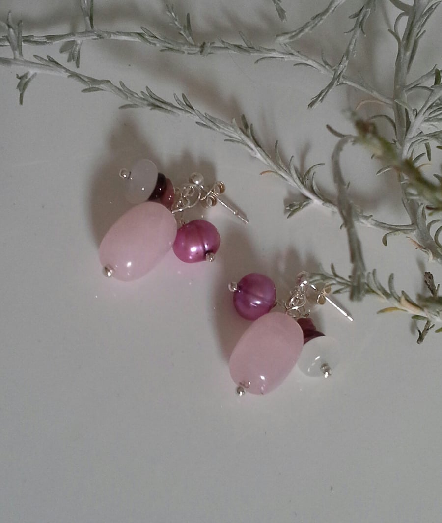 Cluster Rose Quartz, Tourmaline, Freshwater Pearls Sterling Silver Stud Earrings