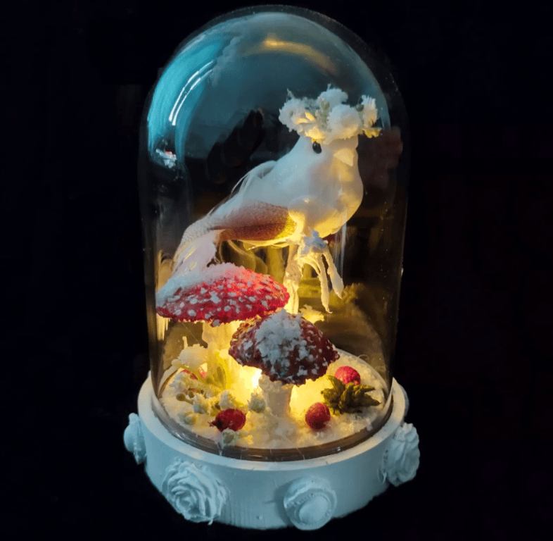 Magical Light up Glass Dome Bird and Toadstools Winter Scene Altered