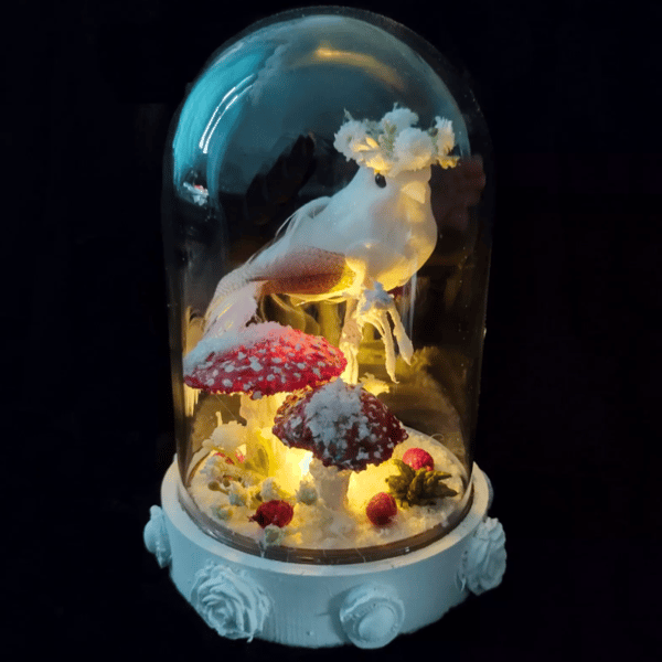 Magical Light up Glass Dome Bird and Toadstools Winter Scene Altered