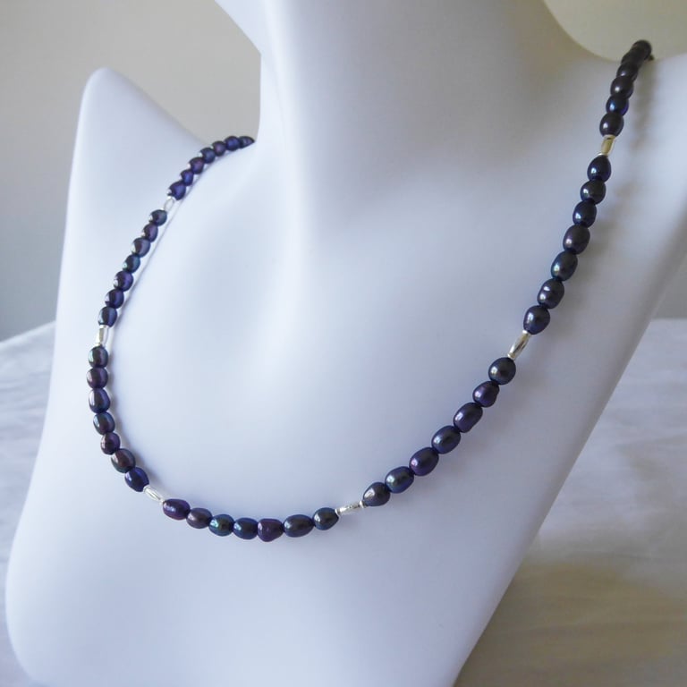 Unique Sterling Silver and Freshwater Peacock Pearl Necklace  