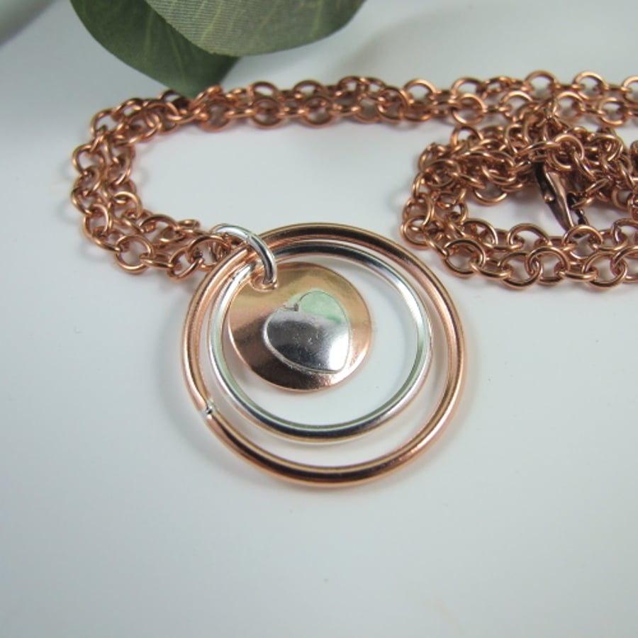 SECONDS SUNDAY Love & Hugs Necklace Sterling Silver and Copper Heart and Circles