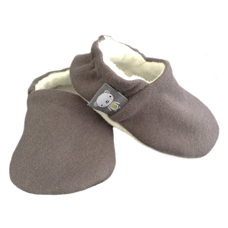 Baby Shoes Plain BROWN-GREY Organic Slippers Pram Shoes - Baby GIFT IDEA 0-24M