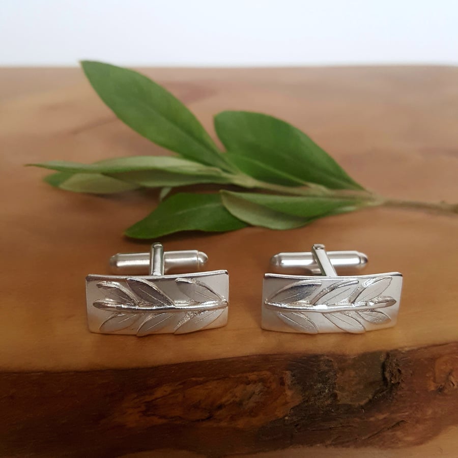 Sterling Silver Leaf Cufflinks , Men's Olive Branch Cufflink