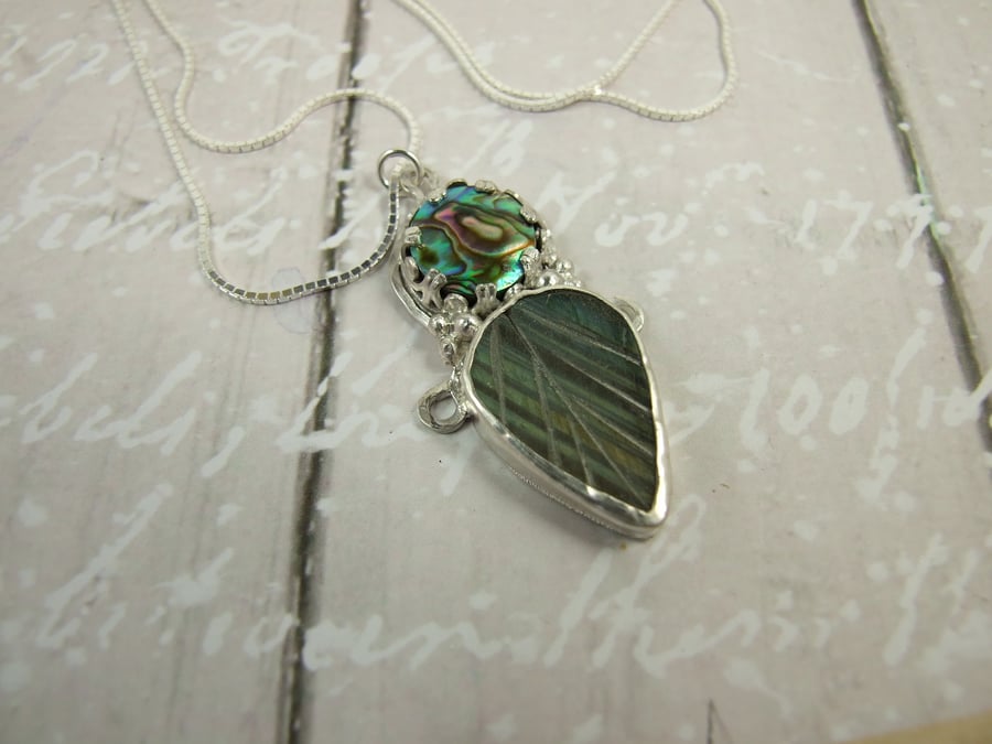 Labradorite and Paua Shell Necklace, Sterling Silver with Bezel Set Gemstones