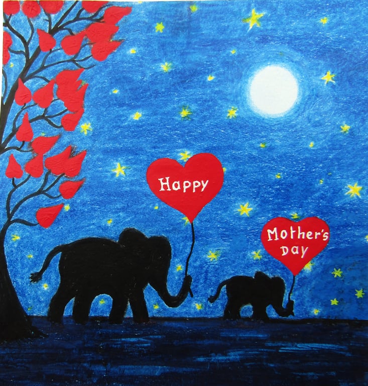 Mothers Day Card, Elephants Heart Moon Stars Tree, Baby Animal Art Cards