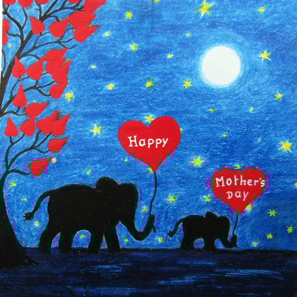 Mothers Day Card, Elephants Heart Moon Stars Tree, Baby Animal Art Cards