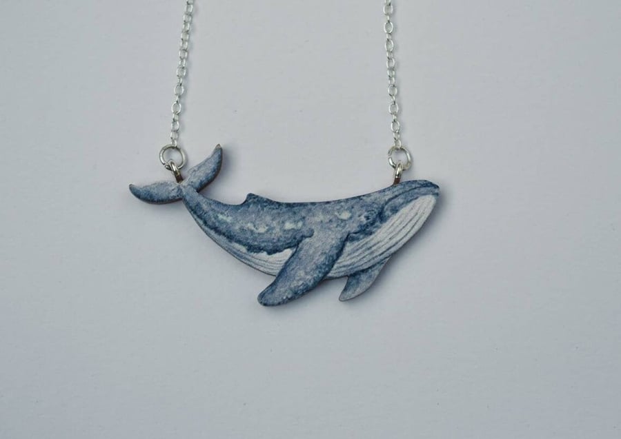 Humpback Whale Necklace, Illustrated wooden jewellery. Hand made