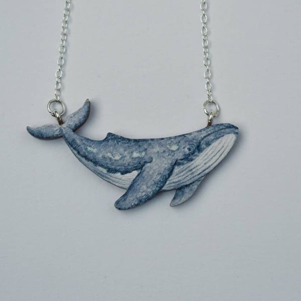 Humpback Whale Necklace, Illustrated wooden jewellery. Hand made