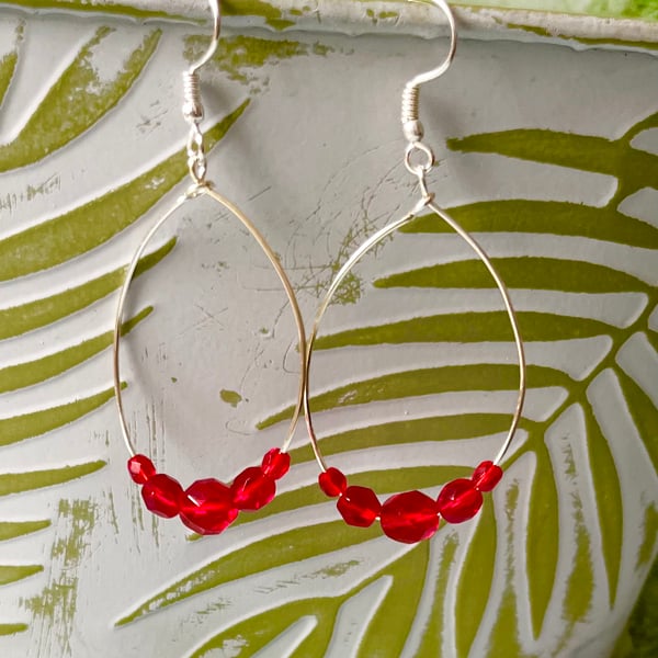 Large Oval Hoop Earrings - Red Faceted Glass - 40mm - Sliver 