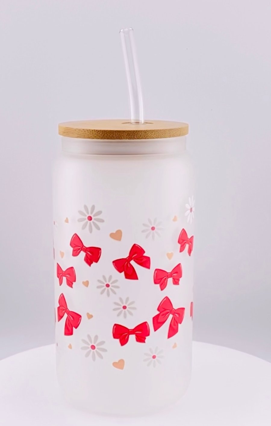 Red Bow Frosted Glass Tumbler with Glass Straw