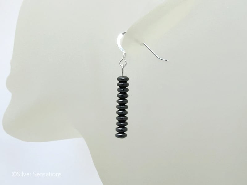 Hematite Discs Sterling Silver Slim Drop Dangly Earrings