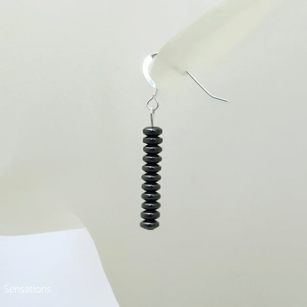 Hematite Discs Sterling Silver Slim Drop Dangly Earrings