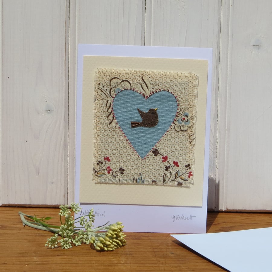 Little Bird hand-stitched miniature textile, detailed, card to keep