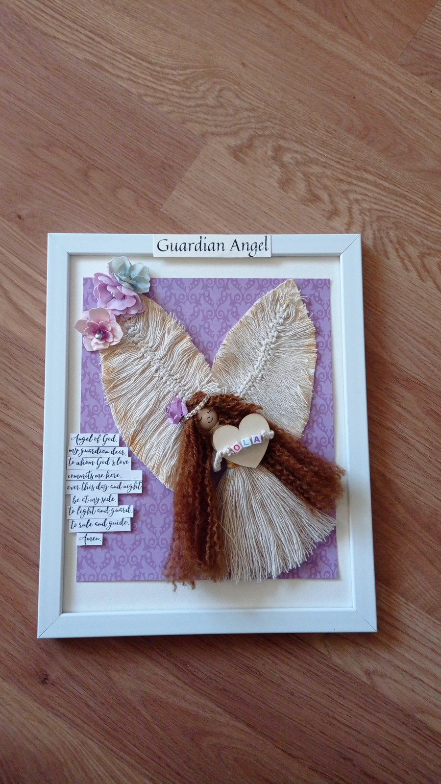 Macrame Guardian Angel doll in a frame First Holy Communion Handmade, 