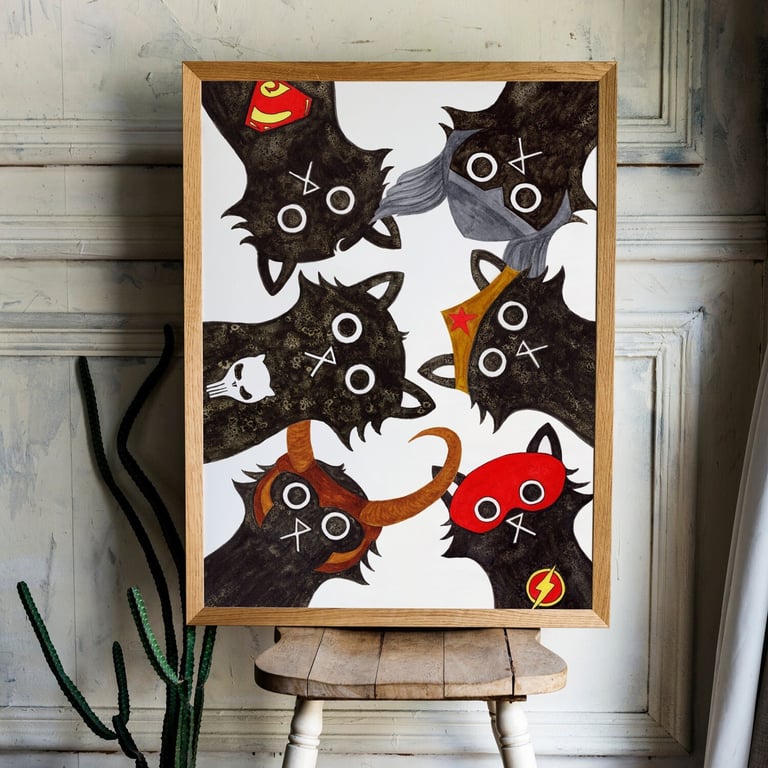 A4 Super Cats Unite Wall Art Print, Superhero Print, Nursery, Movie Art, Cat Art