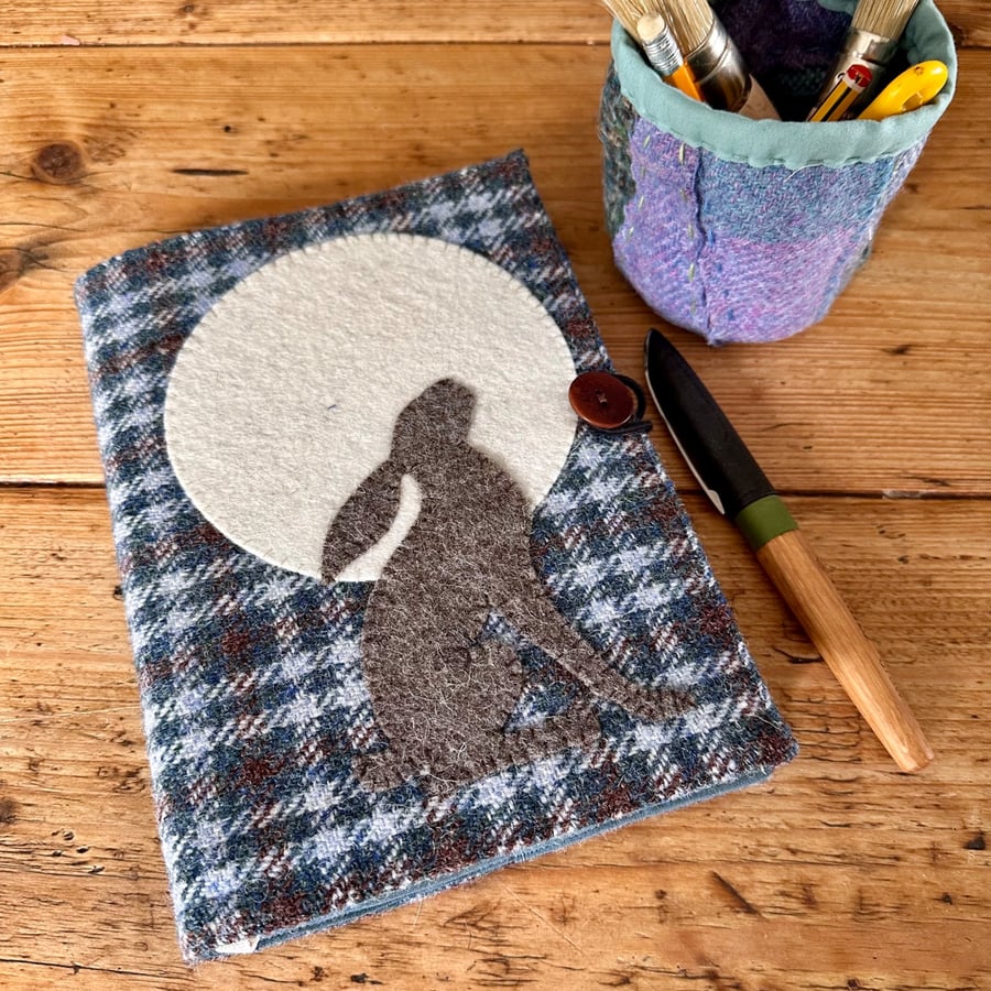 Moon Gazing Hare Vintage Welsh Tweed Journal Cover & Notebook