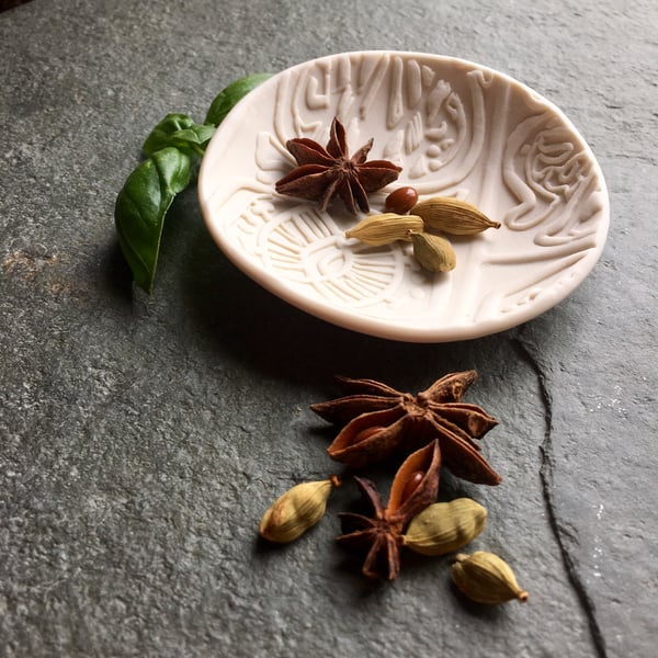 Porcelain bowl, dipping, olive,white, patterned unglazed The Porcelain Menagerie