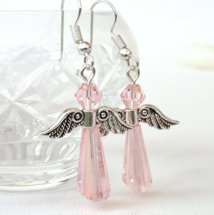 Pink crystal angel earrings