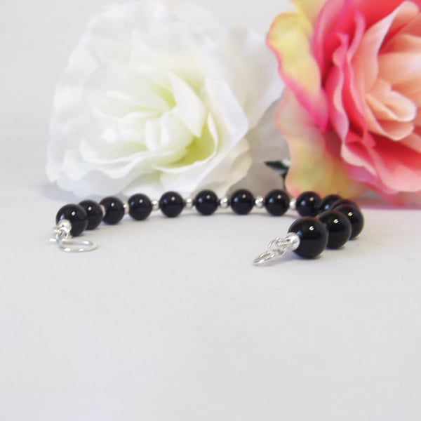 Black Agate gemstone and sterling silver bead bracelet recycled silver clasp