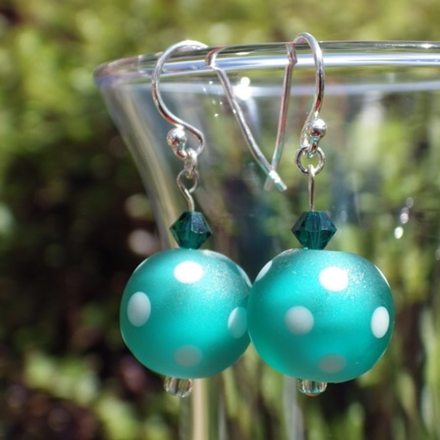 Emerald green dotty UK lampwork earrings with Swarovski crystals