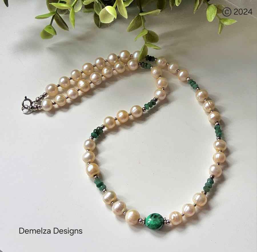 Designer Emerald & Natural Baroque Freshwater Pearl Sterling Silver Necklace 