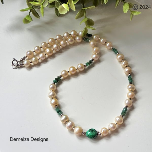 Emerald & Natural Baroque Freshwater Pearl Sterling Silver Necklace 
