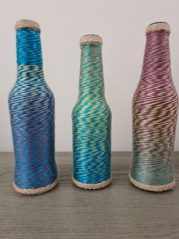 Set of 3 marble yarn wrapped bottles
