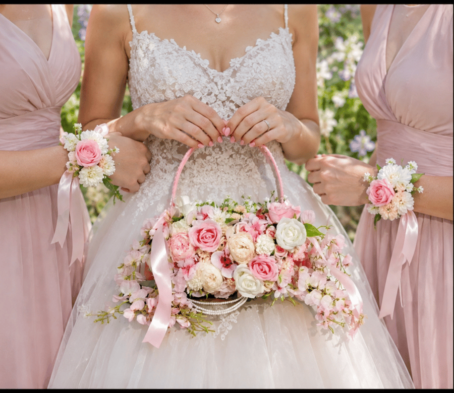 Luxury Wedding Flower Girl Basket & 2x Wrist Corsages Set Blush Pink Handmade