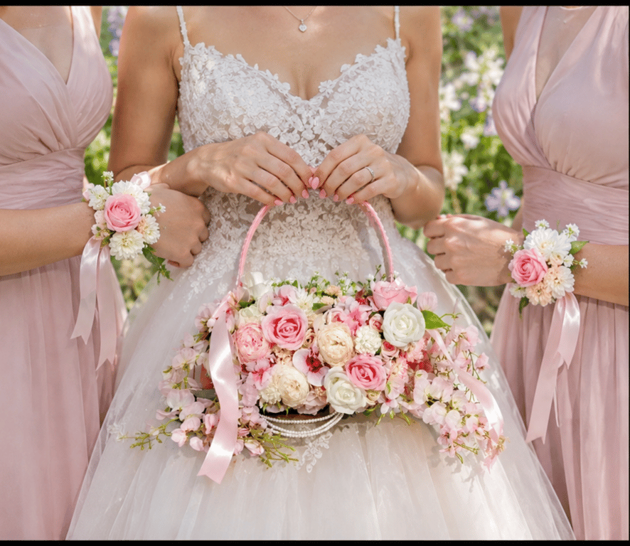 Luxury Wedding Flower Girl Basket & 2x Wrist Corsages Set Blush Pink Handmade