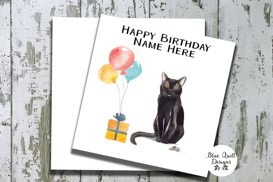 Black Cat with Balloons Watercolour Print Personalised Birthday Card